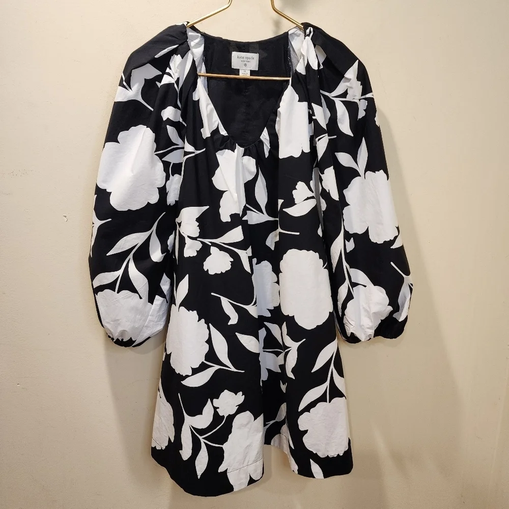 Kate Spade Black and White Floral Long Sleeves V Neck Mini  Dress XS